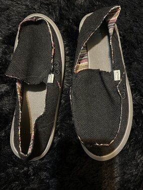 Sanuk Black Canvas Slip-On with Multicolor Woven Trim